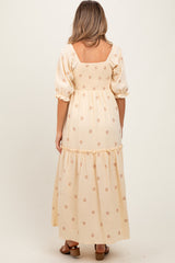Cream Floral Smocked Puff Sleeve Maternity Maxi Dress
