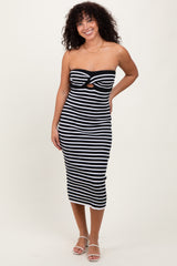 Black Striped Knit Strapless Midi Dress