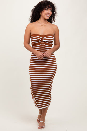 Camel Striped Knit Strapless Midi Dress