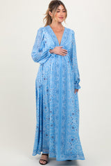 Light Blue Paisley Deep V-Neck Long Sleeve Maternity Maxi Dress