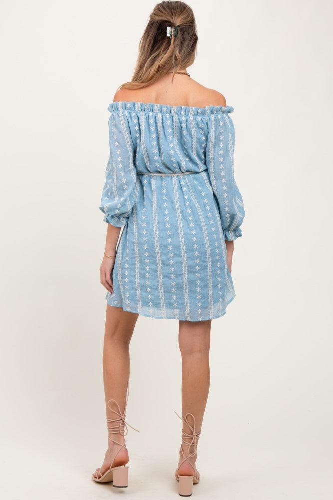 Light Blue Embroidered Off Shoulder Maternity Dress