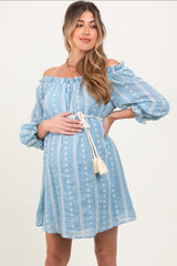 Light Blue Embroidered Off Shoulder Maternity Dress