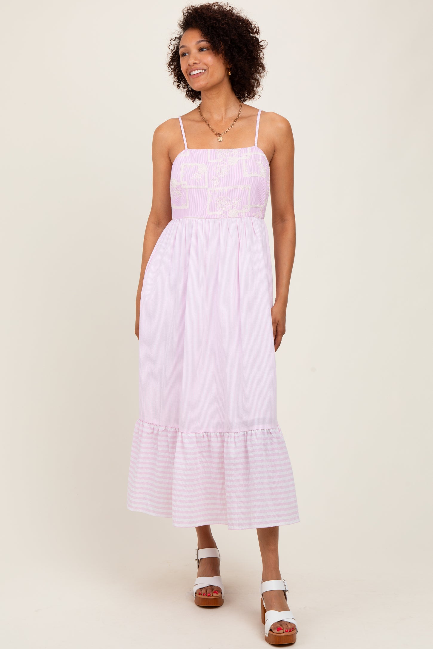 Light Pink Embroidered Striped Colorblock Midi Dress