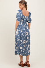 Light Navy Floral Sweetheart Neckline Midi Dress