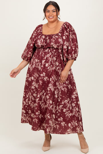 Burgundy Floral Textured Plus Midi Dress