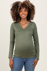 Olive Brushed Knit V-Neck Long Sleeve Maternity Top