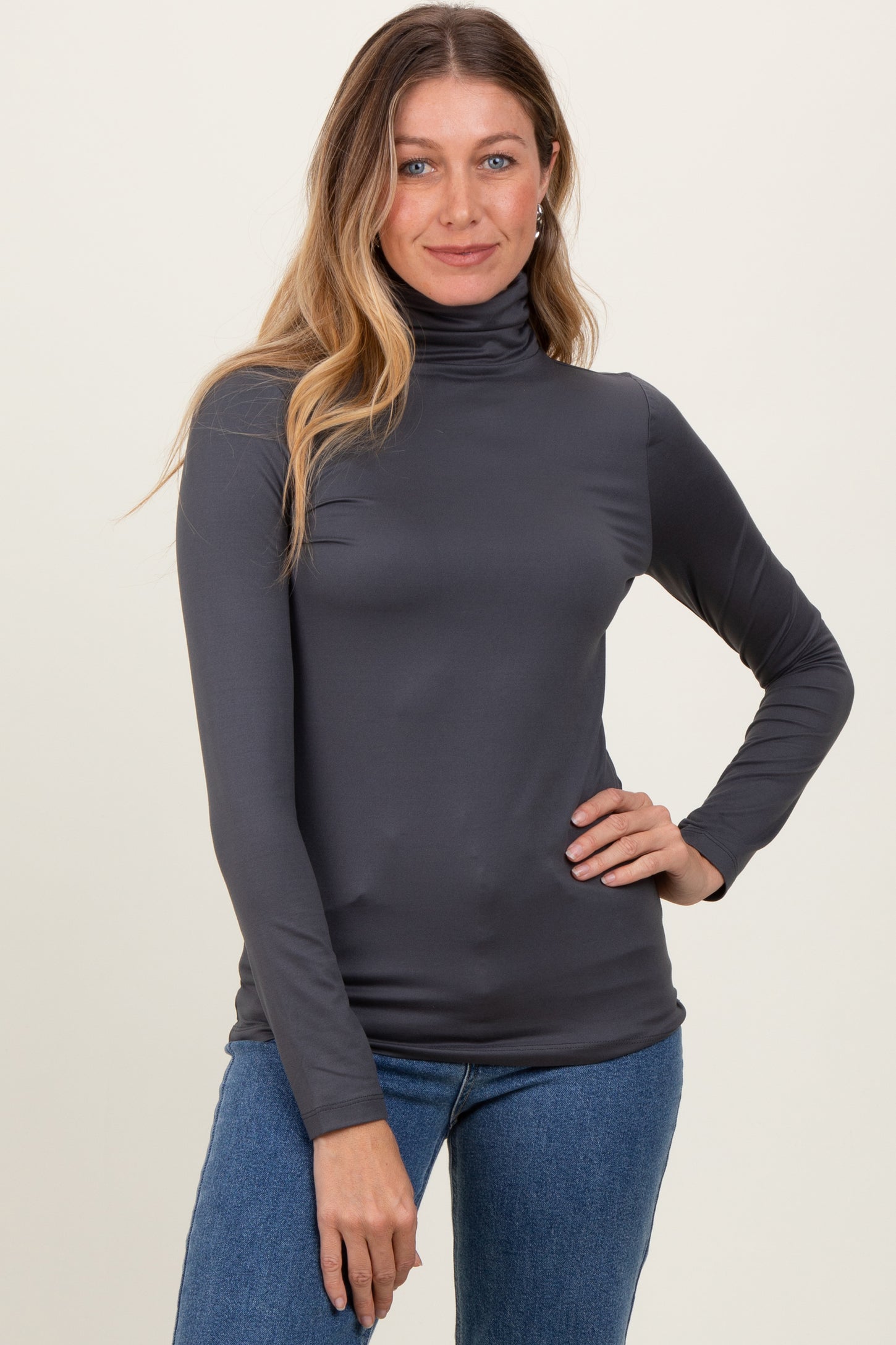 Charcoal Brushed Knit Basic Turtleneck Top