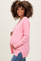 Peach Front Seam V-Neck Side Slit Maternity Sweater