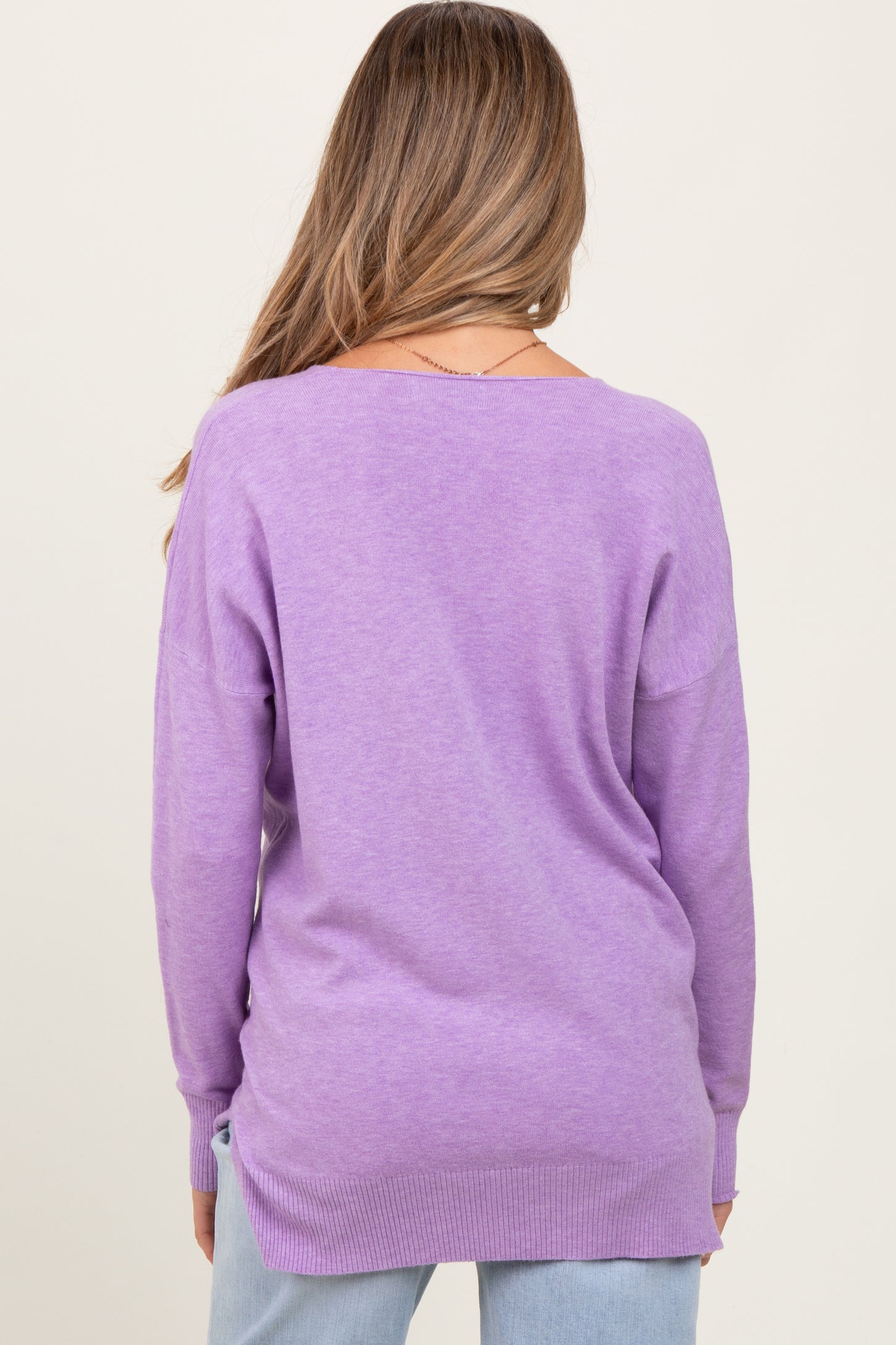 Lilac Front Seam V-Neck Side Slit Maternity Sweater