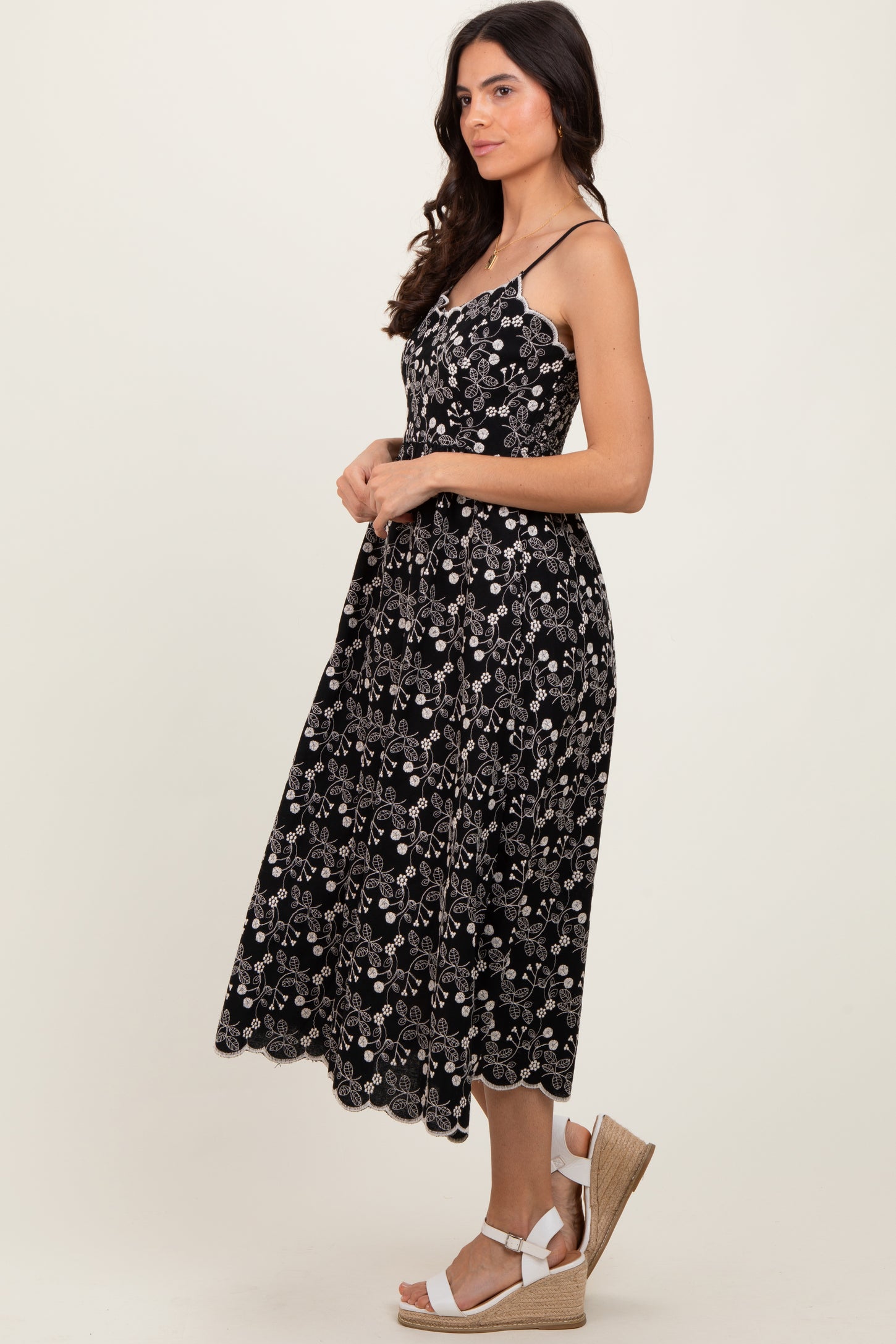 Black Floral Embroidered Scallop Detail Midi Dress