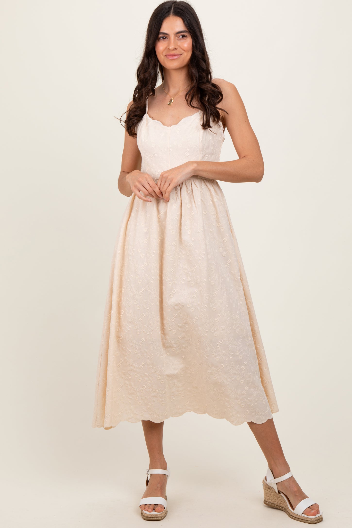 Cream Floral Embroidered Scallop Detail Midi Dress