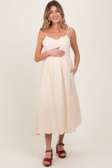 Cream Floral Embroidered Scallop Detail Maternity Midi Dress