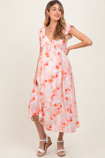 Coral Watercolor Floral Flutter Sleeve Maternity Midi Dress