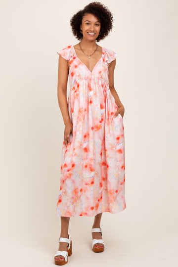 Coral Watercolor Floral Flutter Sleeve Midi Dress