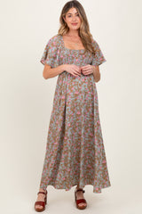 Blue Floral Smocked Flutter Sleeve Maternity Maxi Dress