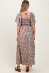 Blue Floral Smocked Flutter Sleeve Maternity Maxi Dress