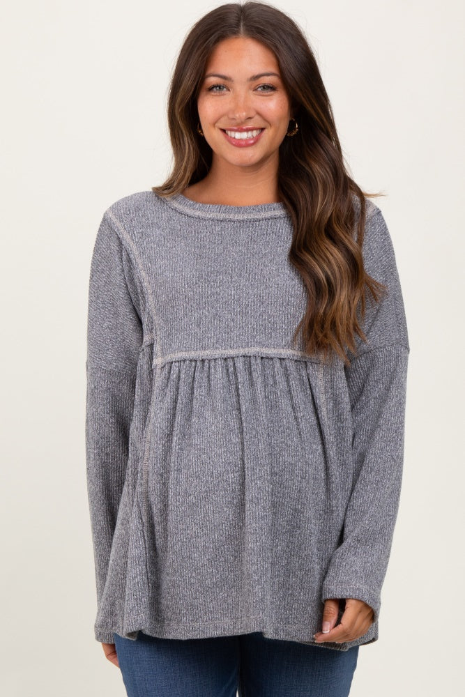 Charcoal Ribbed Brushed Knit Oversized Long Sleeve Maternity Top