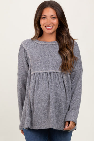 Charcoal Ribbed Brushed Knit Oversized Long Sleeve Maternity Top