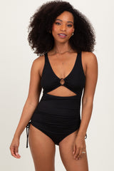 Black Ribbed O-Ring Cutout Tie Side Maternity Swimsuit