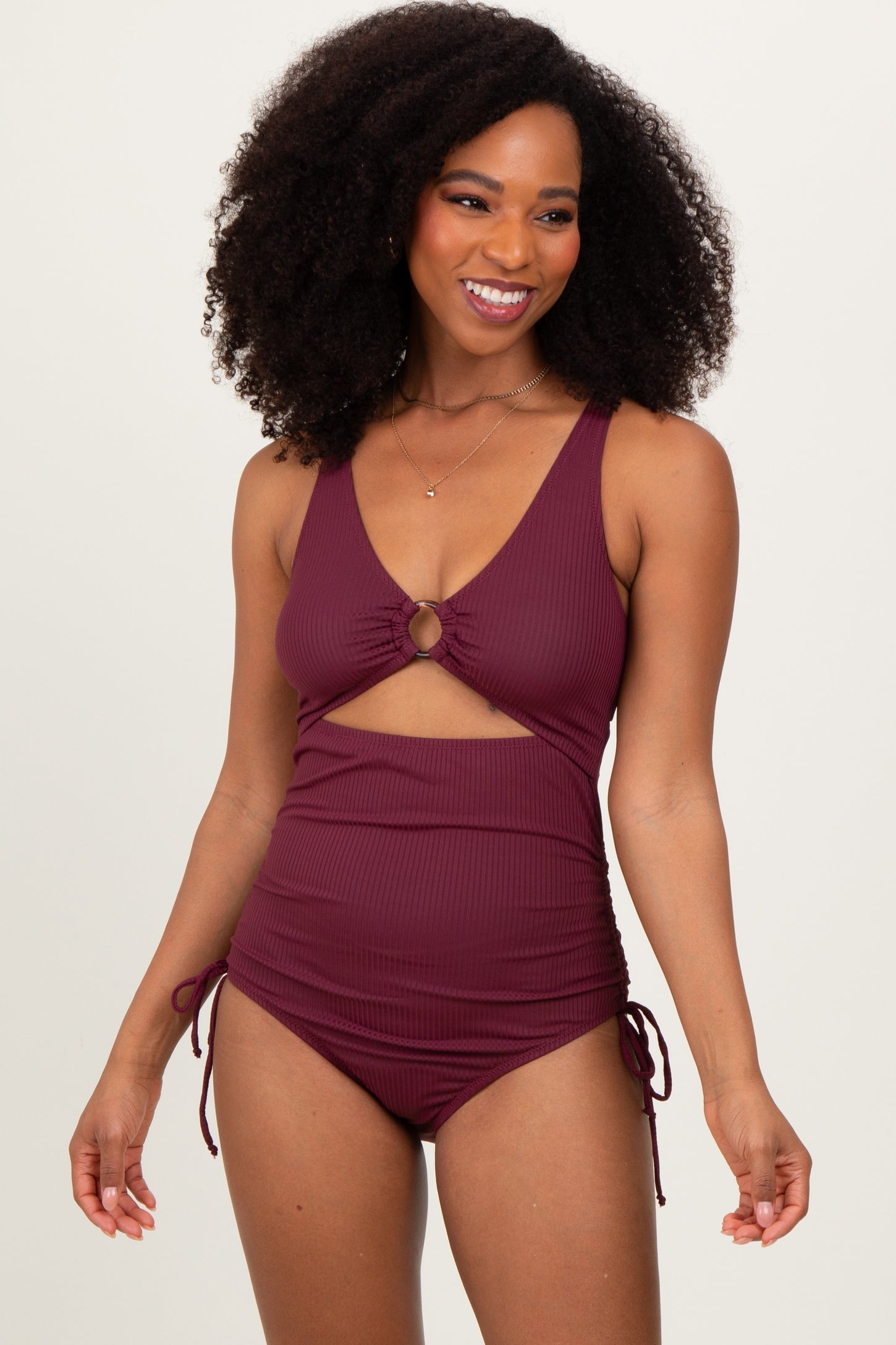 Plum Ribbed O-Ring Cutout Tie Side Swimsuit
