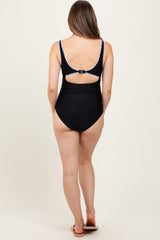 Black Embroidered Trim Back Cutout One Piece Maternity Swimsuit