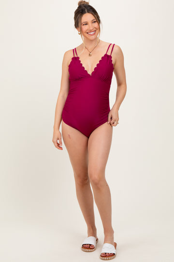 Burgundy Scalloped V-Neck Back Tie Cutout Maternity One Piece Swimsuit