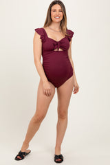 Burgundy Ribbed Front Tie Cutout Ruched Maternity Swimsuit