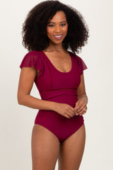 Burgundy Crochet Detail Ruched Maternity One Piece Swimsuit