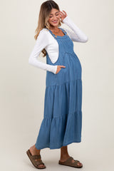 Blue Chambray Overall Tiered Maternity Midi Dress