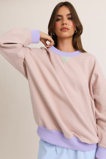 Light Pink Striped Crew Neck Oversized Sweatshirt
