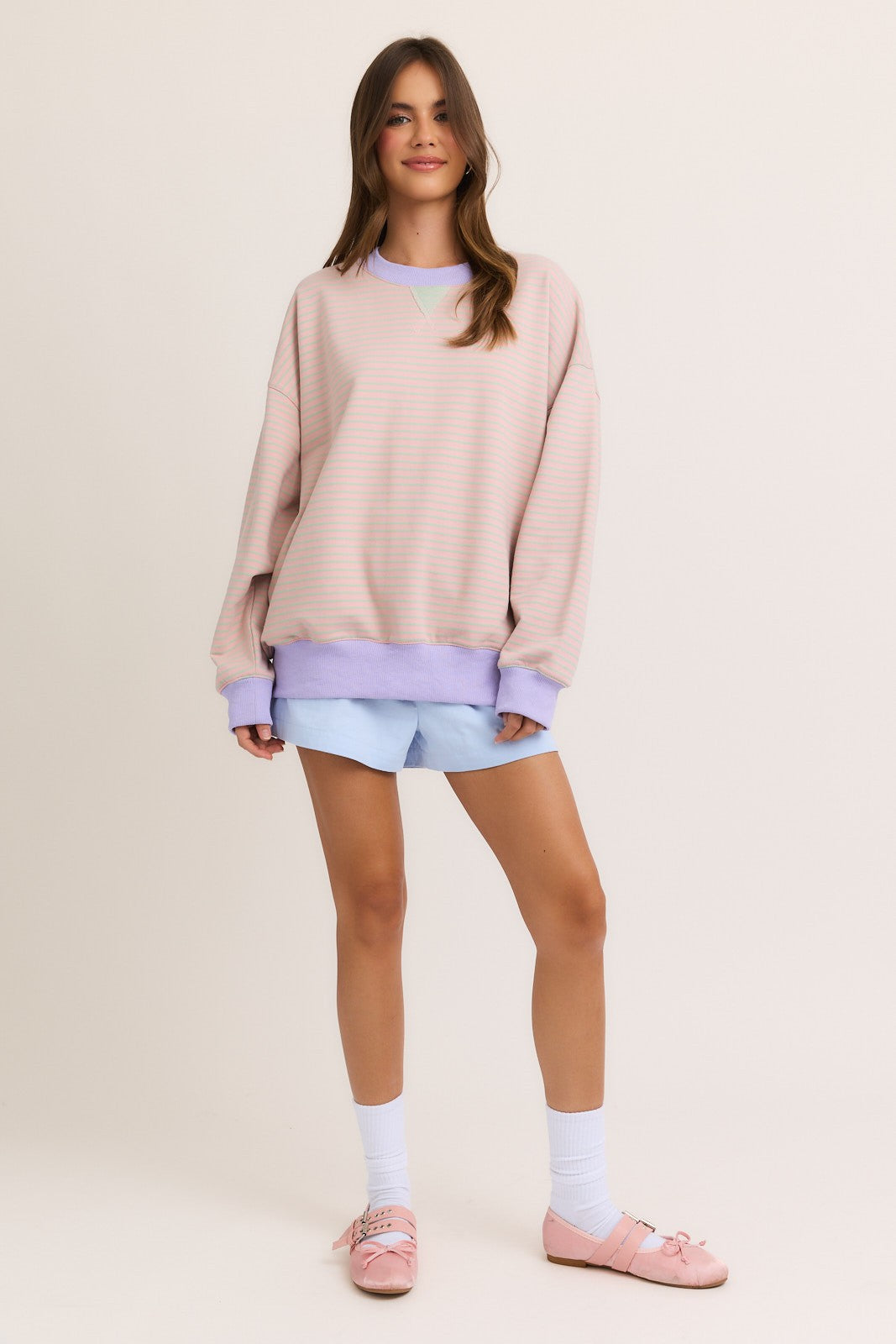 Light Pink Striped Crew Neck Oversized Sweatshirt