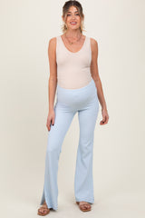 Light Blue Ribbed Split Flare Maternity Leggings