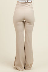 Cream Ribbed Split Flare Leggings