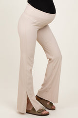 Cream Ribbed Split Flare Maternity Leggings
