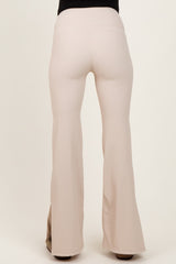 Cream Ribbed Split Flare Maternity Leggings
