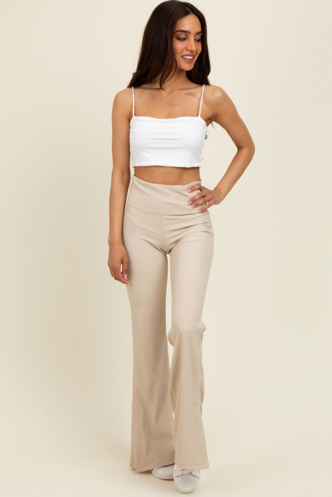 Cream Ribbed Split Flare Leggings