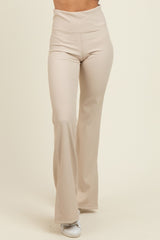 Cream Ribbed Split Flare Leggings