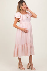 Light Pink Flutter Sleeve Maternity Midi Dress