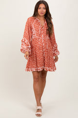 Rust Mixed Floral Tie Front Ruffle Accent Maternity Dress