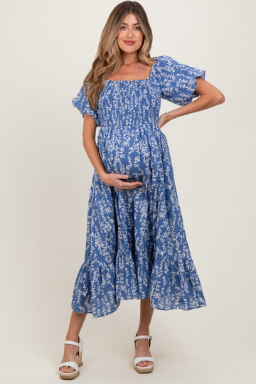 Blue Leaf Print Smocked Maternity Midi Dress