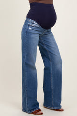 Blue Lightly Distressed Wide Leg Maternity Jeans