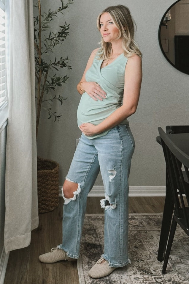 Light Blue Distressed Cutout Maternity Straight Leg Ankle Jeans