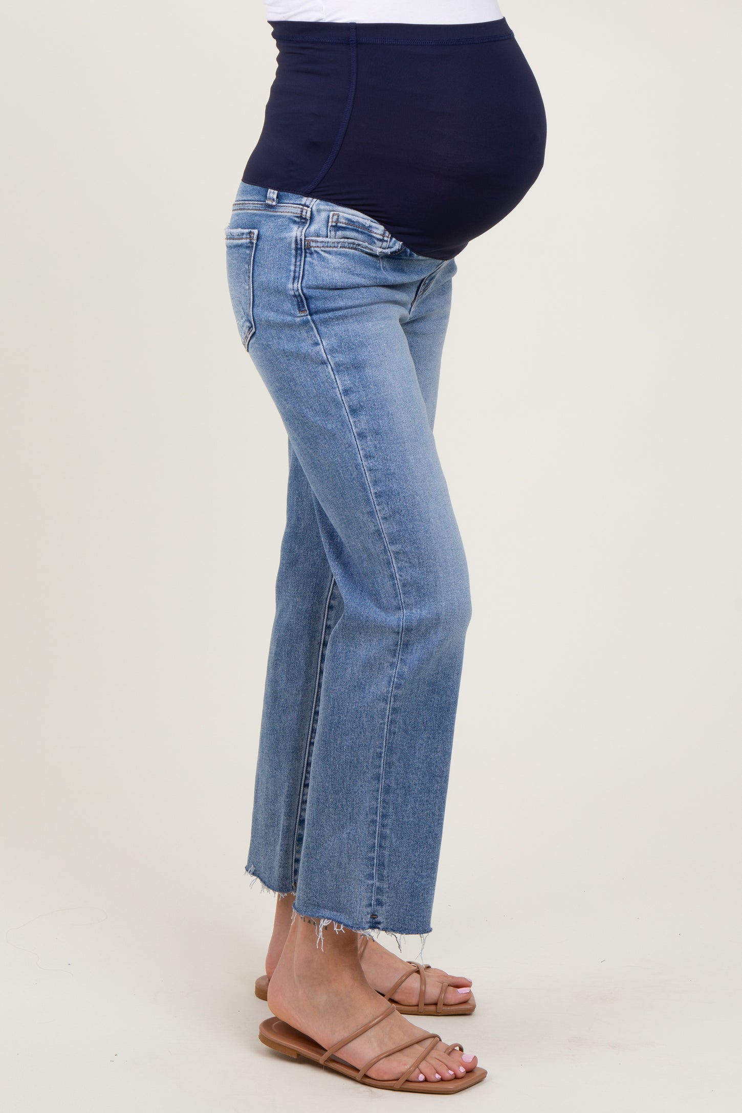 Blue Cropped Raw Hem Straight Leg Maternity Jeans