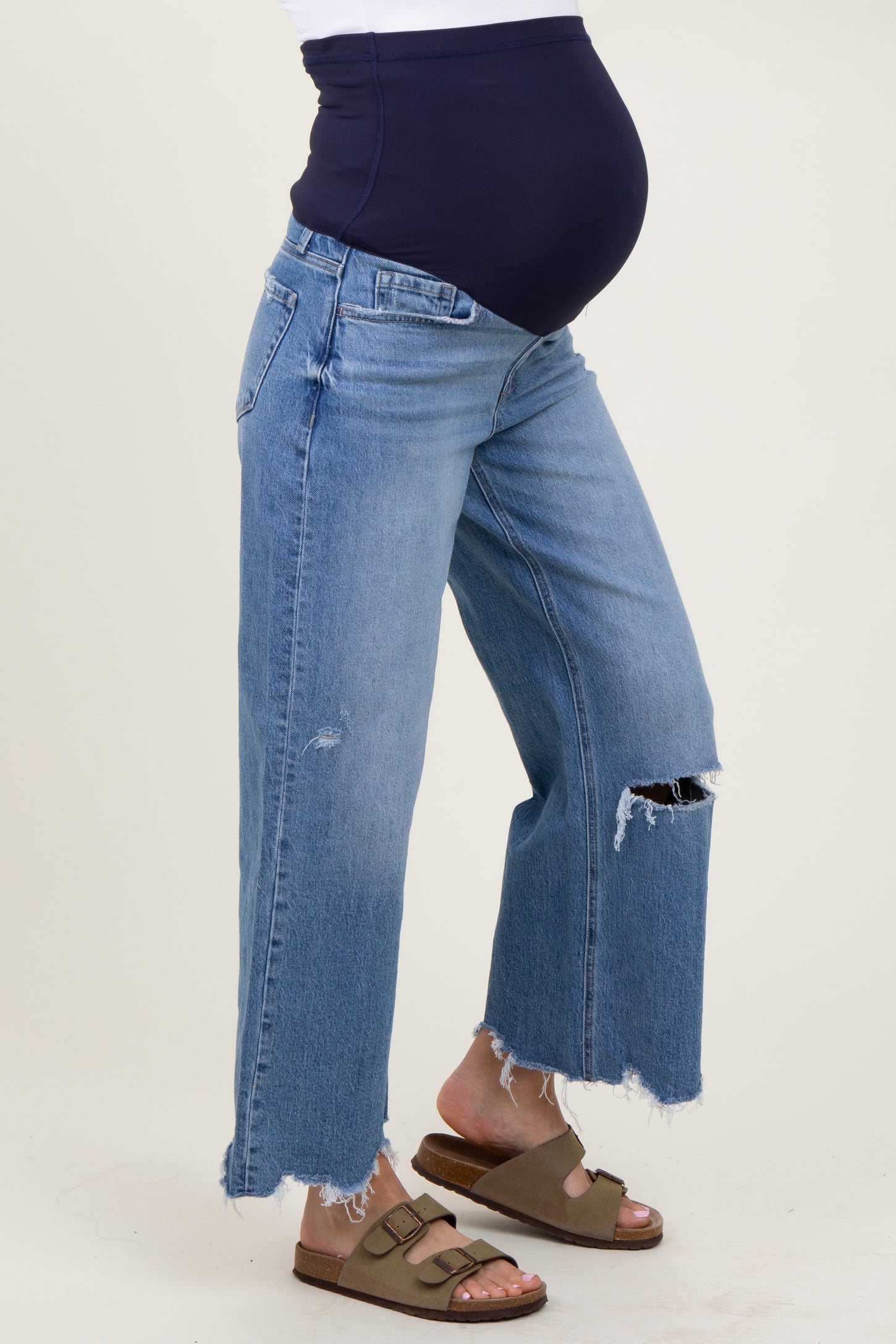 Blue Distressed Fringe Open Knee Cropped Wide Leg Maternity Jeans