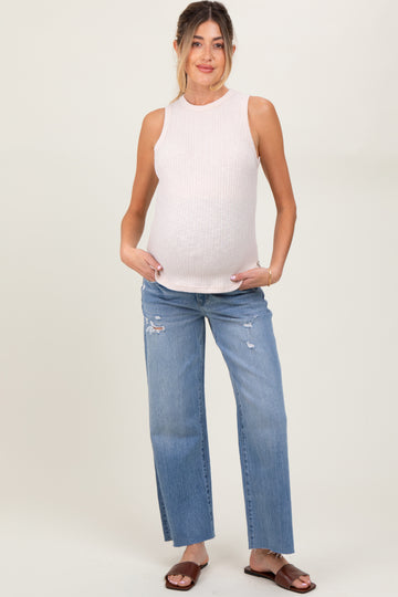 Blue Distressed Raw Hem Cropped Wide Leg Maternity Jeans