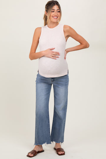 Light Blue Fringe Hem Maternity Wide Leg Jeans