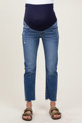 Blue Distressed Raw Hem Slim Straight Maternity Jeans