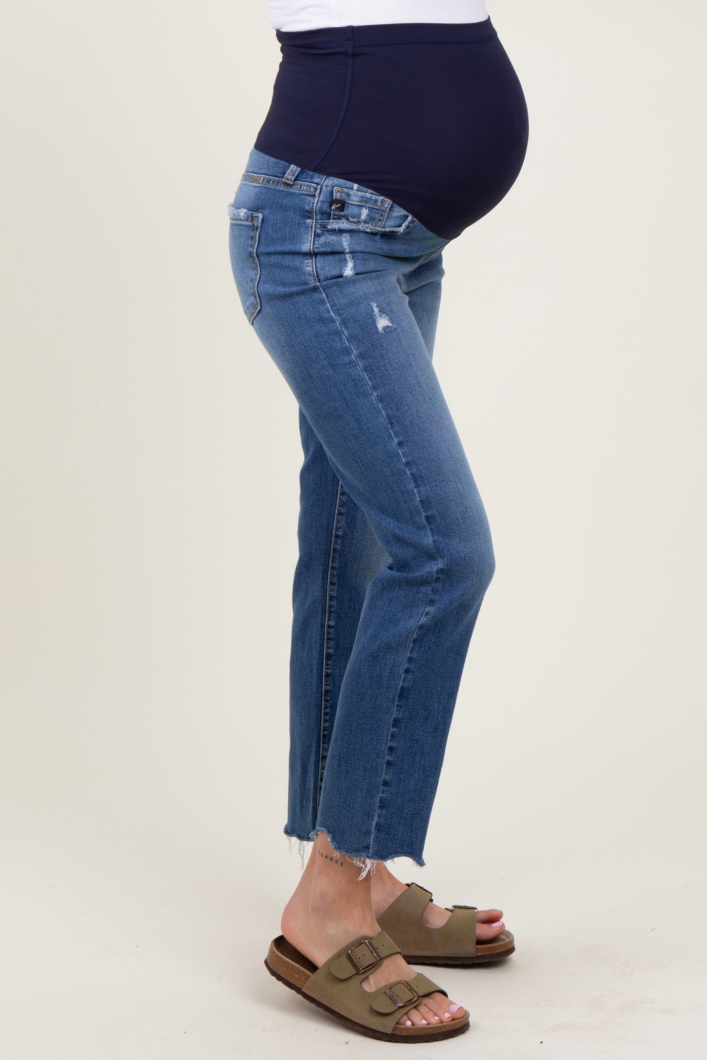 Blue Distressed Raw Hem Slim Straight Maternity Jeans