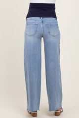 Light Blue Ripped Knee Uneven Raw Hem Wide Leg Maternity Jeans