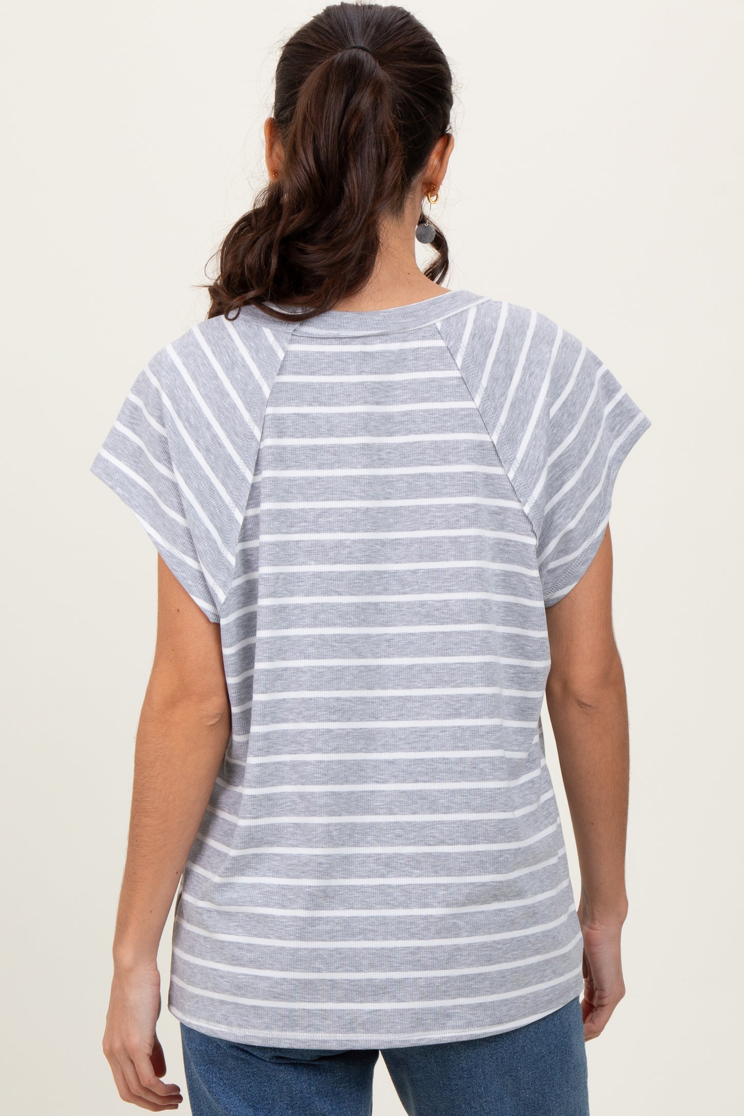 Heather Grey Stripe Ribbed Short Sleeve Tunic Top